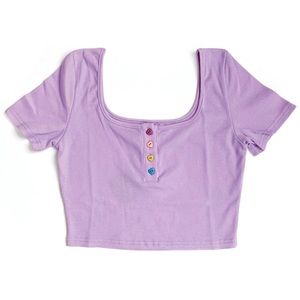 Ribbed Heart Button Crop Henley T- Shirt